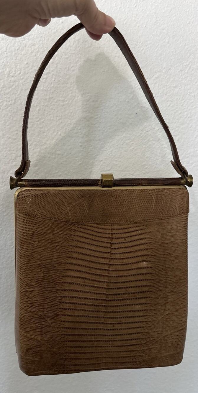 Vintage Genuine Lizard Skin Handbag 50s 60s Box Purse Leather Lined Brass Footed